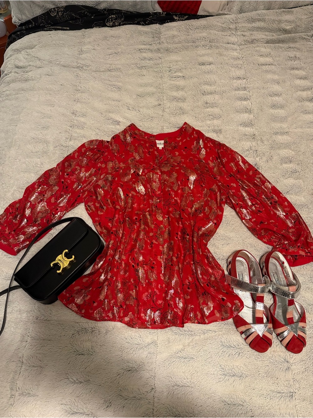 ba&sh Red Metallic Print Peplum Blouse